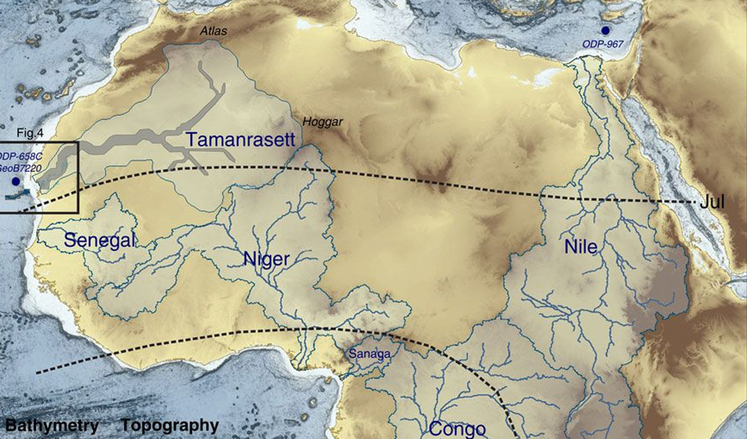 Французским исследователям удалось найти даже древнюю речную систему, подпитываемую большим количеством осадков. Ученые считают, что всю территорию Сахары пересекала река Таманрассет, впадающая в Атлантический океан в районе Мавритании.