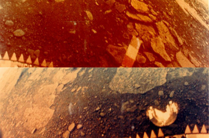 Советская автоматическая межпланетная станция «Венера-13» достигла поверхности Венеры 1 марта 1982 года и сделала эти снимки с двух камер, расположенных на ее противоположных сторонах. Она смогла продержаться на Венере всего 2 часа и 7 минут.