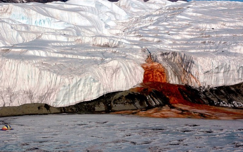 Кровавый водопад, Антарктика
Кроваво-красная жидкость, хлещущая изо льдов Антарктики, представляет собой душераздирающее зрелище, но, к счастью, это ненастоящая кровь. Сначала ученые думали, что причиной этого явления стали водоросли, но оказалась, что это сама вода содержит оксид железа, который окрасил ее в ржаво-красный цвет.